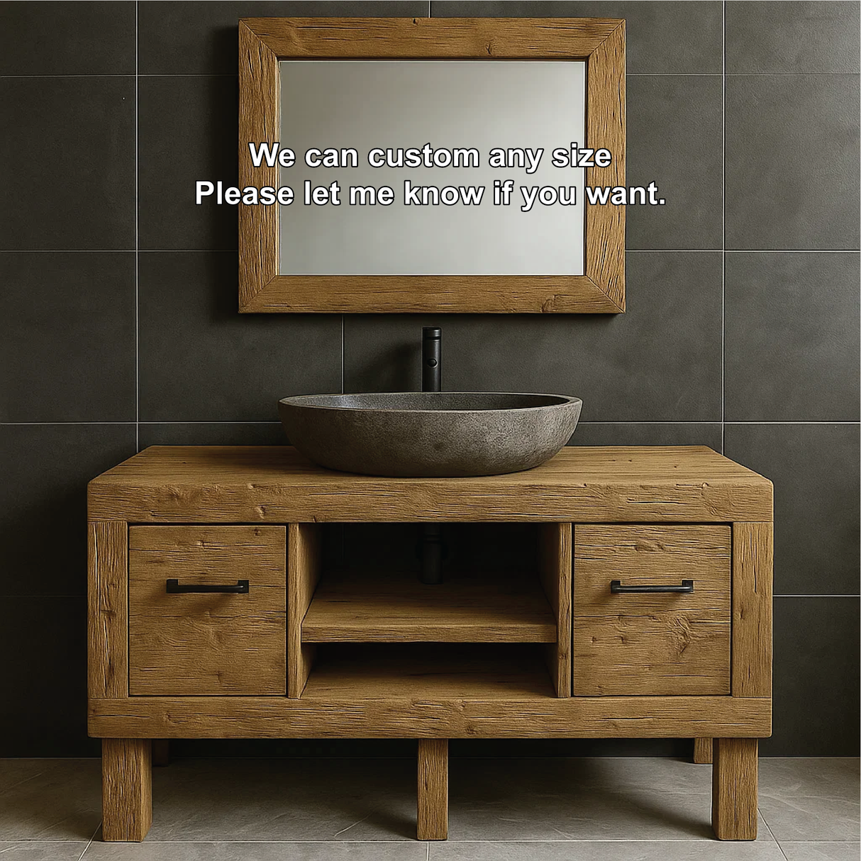 Modern Rustic Handcrafted Solid Wood Bathroom Vanity with Storage Drawers and Open Shelves