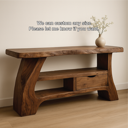 Handcrafted Solid Wood Console Table with Organic Curved Design and Drawer for Modern Homes