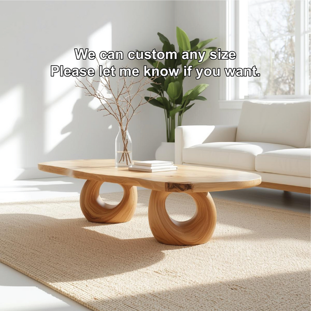Handcrafted Solid Wood Coffee Table with Artistic Circular Base and Natural Smooth Finish