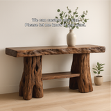 Handcrafted Solid Wood Console Table with Tree Trunk Legs for Rustic Natural Home Interiors