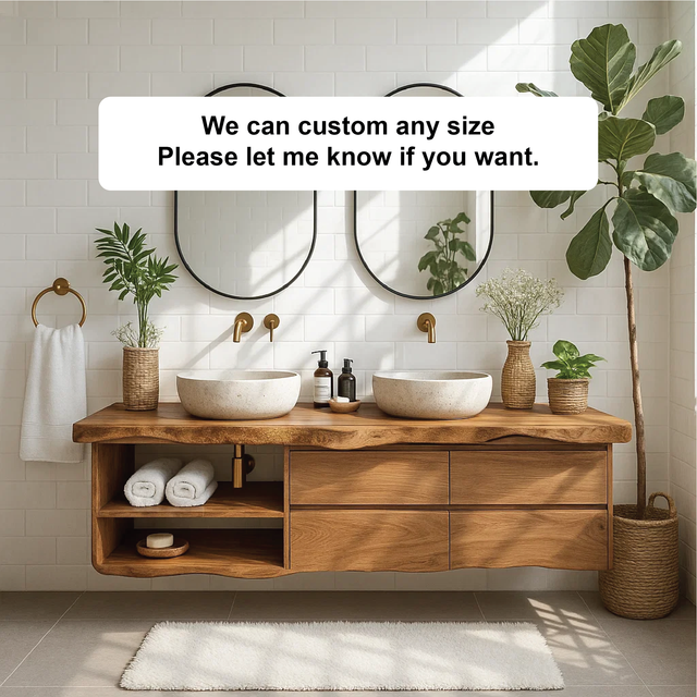 Handcrafted Solid Wood Double Floating Vanity with Live Edge Design and Ample Drawer Storage