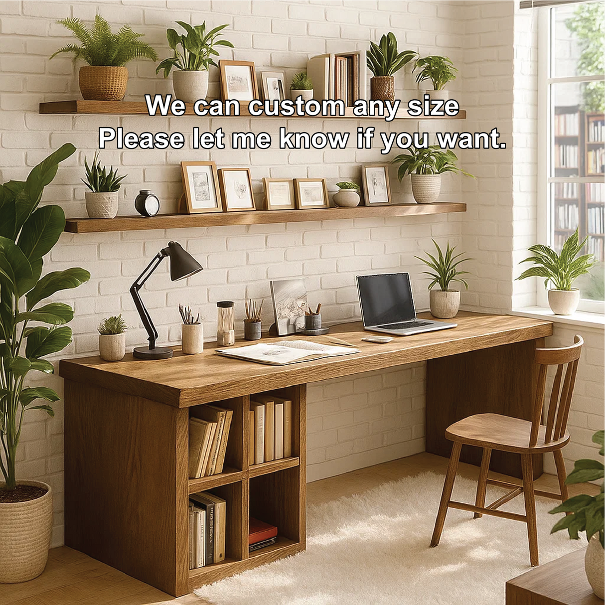 Handcrafted Solid Wood Work Desk – Long Home Office Table with Bookshelf and Natural Finish