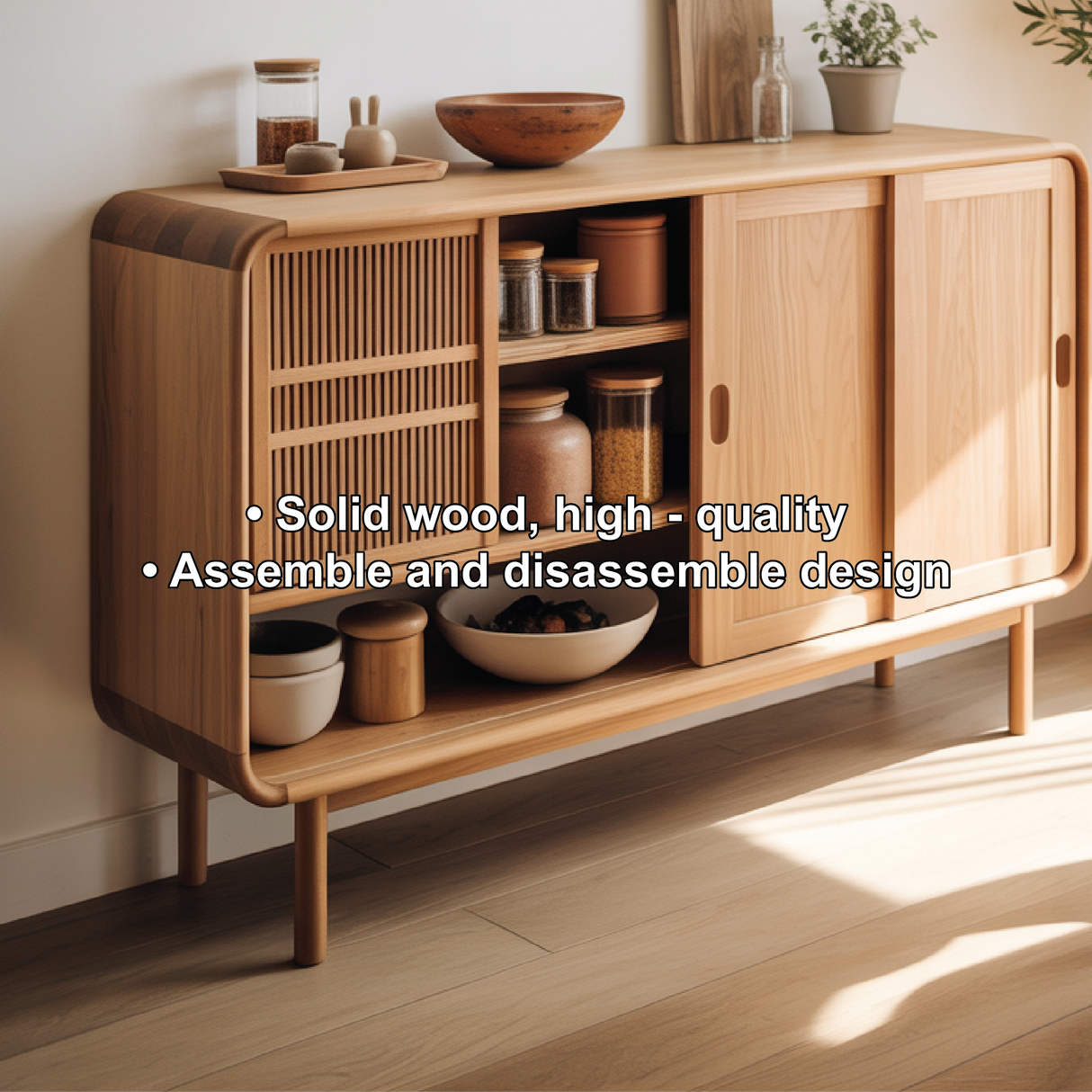 Solid Wood Console Table with Sliding Doors – Handmade Natural Finish Storage Cabinet