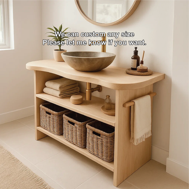 Handcrafted Solid Wood Bathroom Vanity with Curved Edge Design and Open Shelves for Modern Spaces