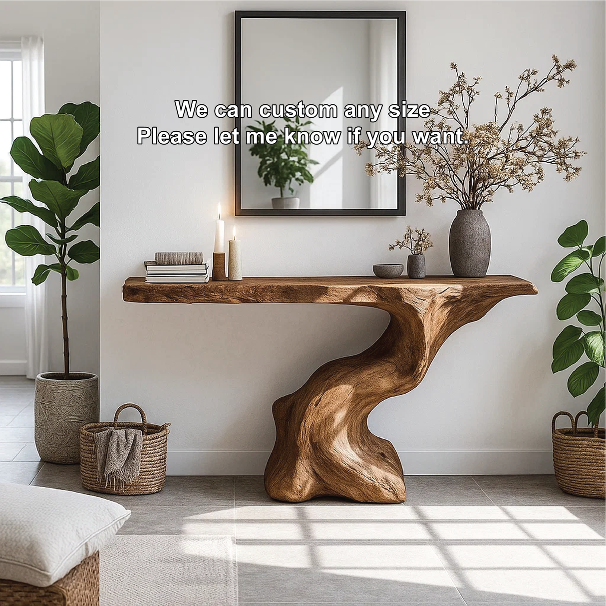 Handcrafted Solid Wood Console Table with Organic Sculpted Base and Natural Live Edge Design