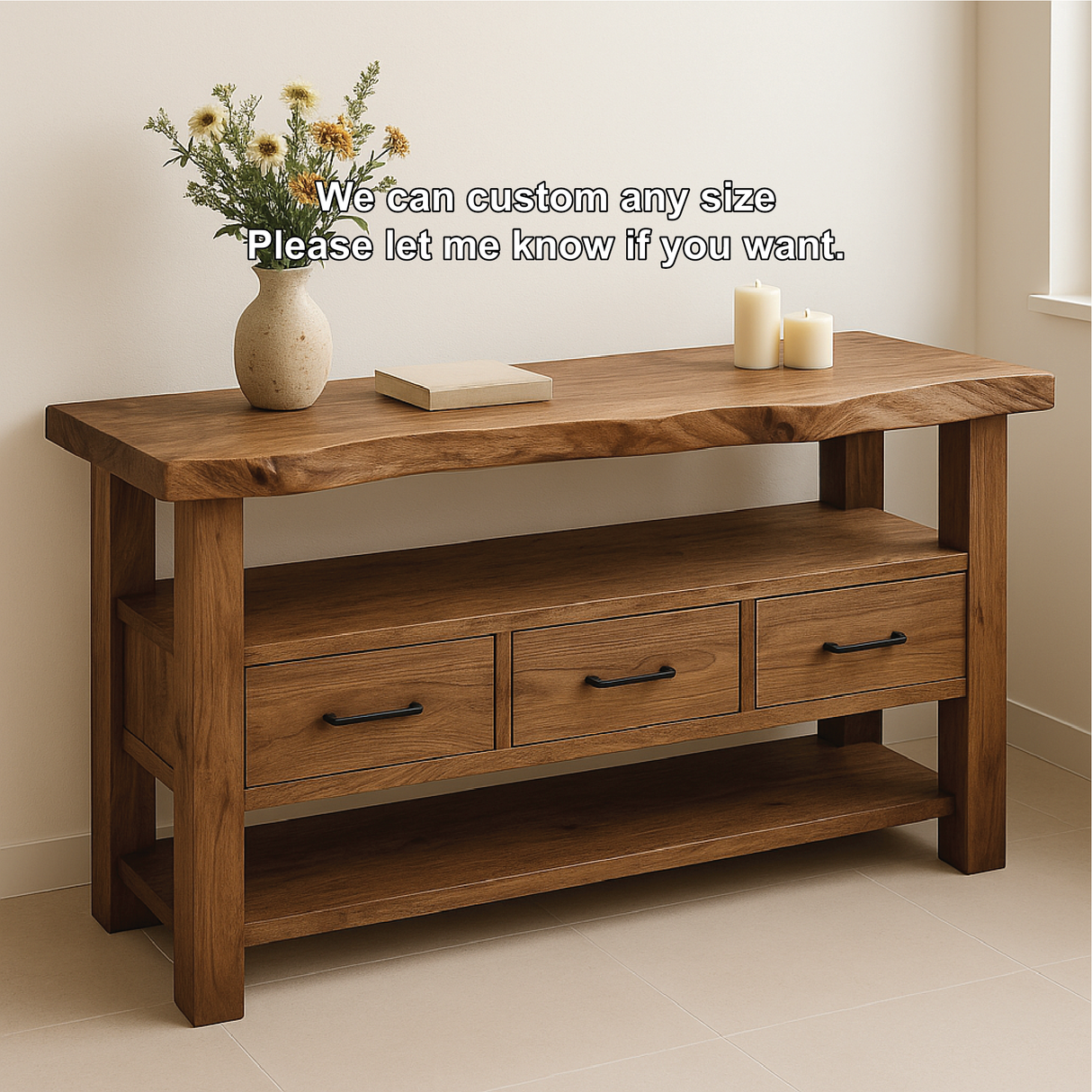 Handcrafted Solid Wood Console Table with Live Edge Top and Storage Drawers for Rustic Interiors