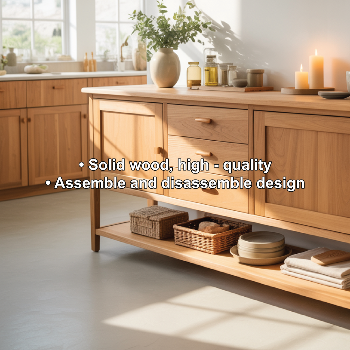 Handcrafted Solid Wood Dining Storage Sideboard with Cabinets, Drawers, and Open Bottom Shelf