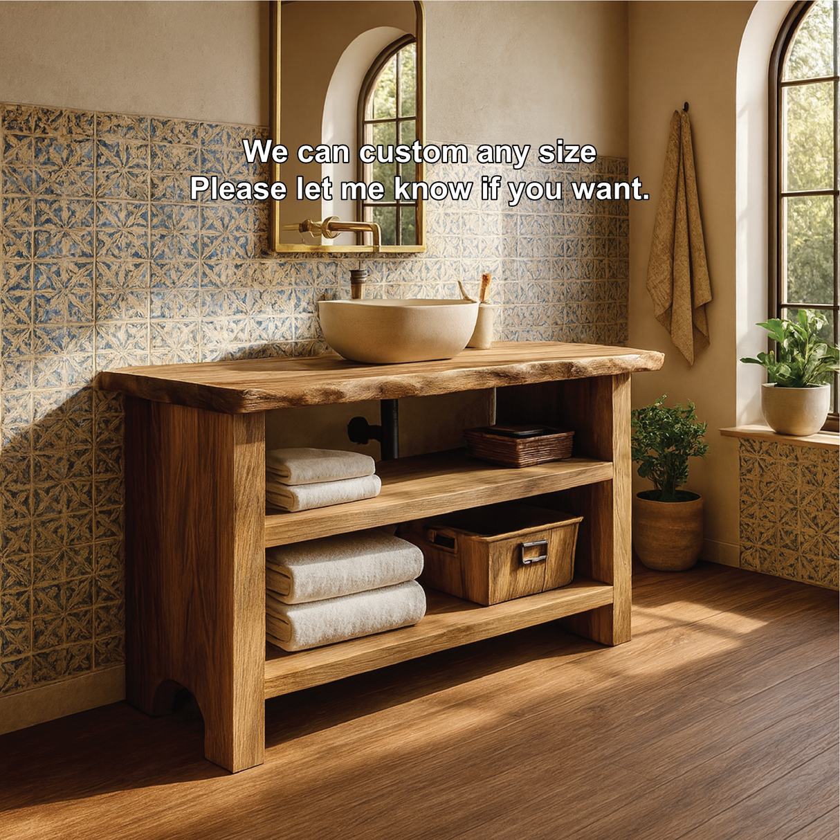 Handcrafted Solid Wood Bathroom Vanity with Live Edge Design and Rustic Open Shelf Storage