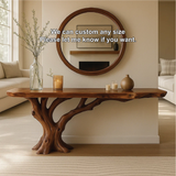 Handcrafted Solid Wood Console Table with Tree Trunk Base and Natural Live Edge Design
