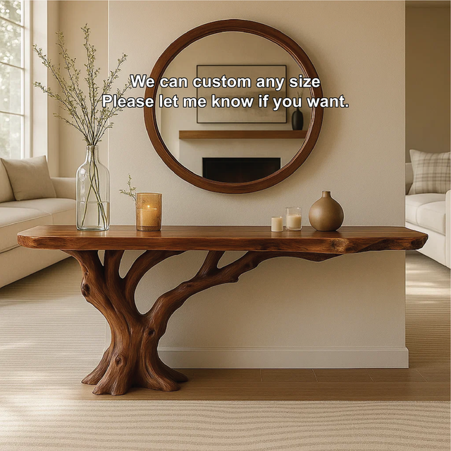 Handcrafted Solid Wood Console Table with Tree Trunk Base and Natural Live Edge Design