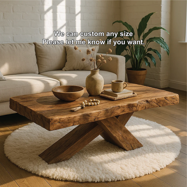 Handcrafted Solid Wood Coffee Table with Rustic Live Edge and Cross-Leg Modern Design