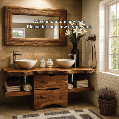 Handcrafted Double Bathroom Vanity in Solid Wood with Live Edge Top and Central Storage Drawers