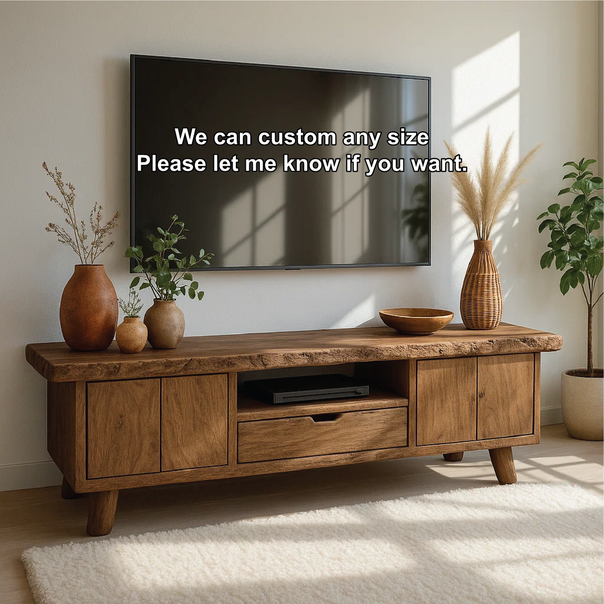 Handcrafted Solid Wood Live Edge TV Stand – Rustic Mid-Century Media Console with Storage