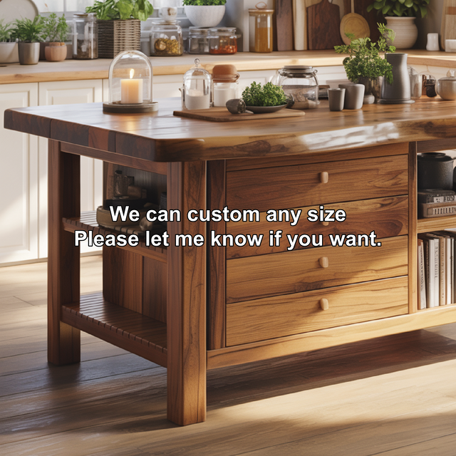 Handcrafted Solid Wood Kitchen Island with Drawers, Open Shelves, and Natural Live-Edge Top