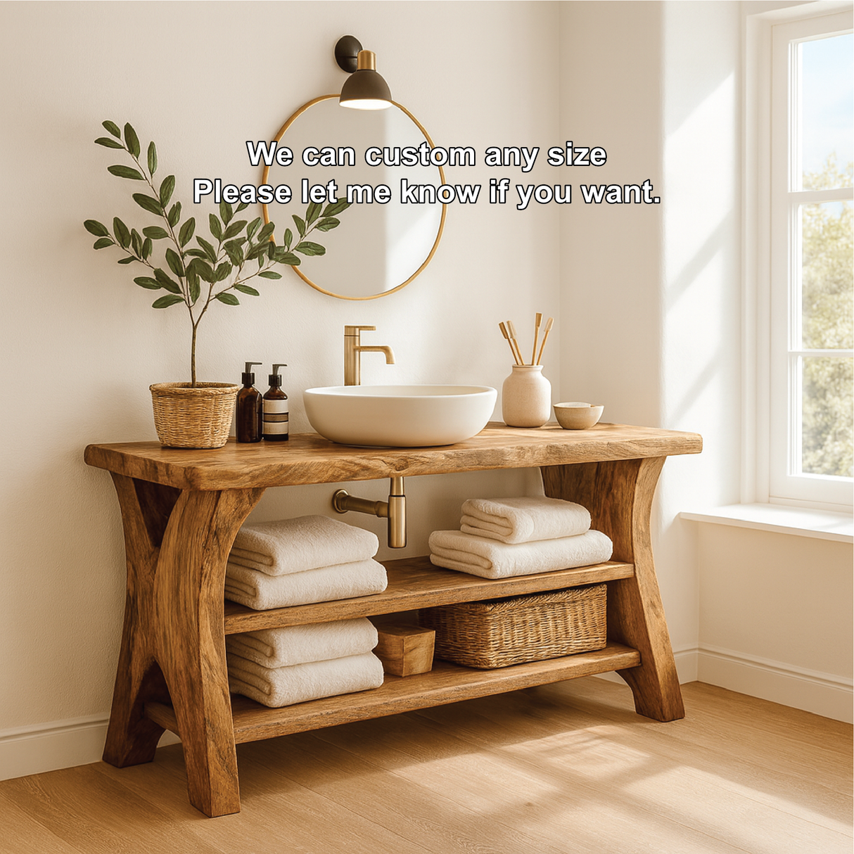 Handcrafted Solid Wood Bathroom Vanity with Natural Live Edge and Open Storage Shelf Design