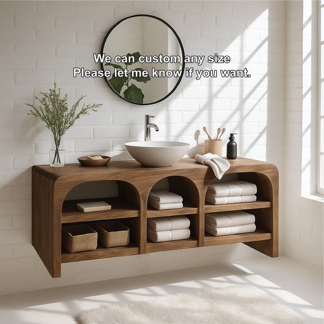 Handcrafted Solid Wood Floating Vanity with Arched Open Shelves and Modern Minimal Design