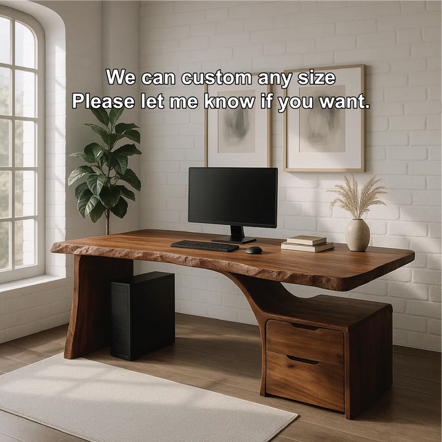 Handcrafted Solid Wood Work Desk – Live Edge Office Table with Organic Curved Base and Drawers
