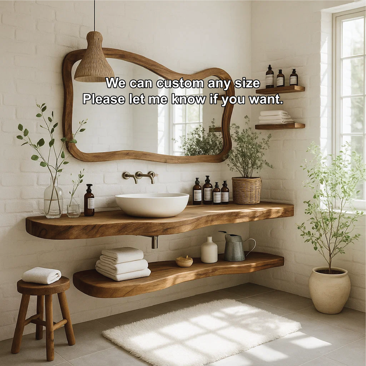 Handcrafted Solid Wood Floating Vanity – Live Edge Bathroom Sink Counter with Natural Finish