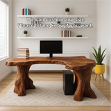 Handcrafted Solid Wood Executive Desk – Live Edge Office Table with Natural Tree Trunk Base Design