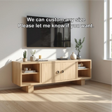 Handcrafted Solid Wood TV Stand with Double Doors and Open Shelves in Natural Oak Finish