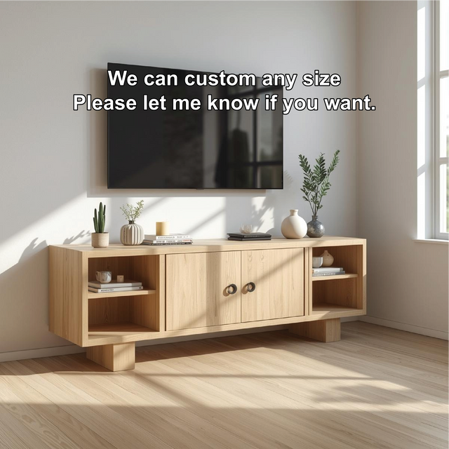Handcrafted Solid Wood TV Stand with Double Doors and Open Shelves in Natural Oak Finish