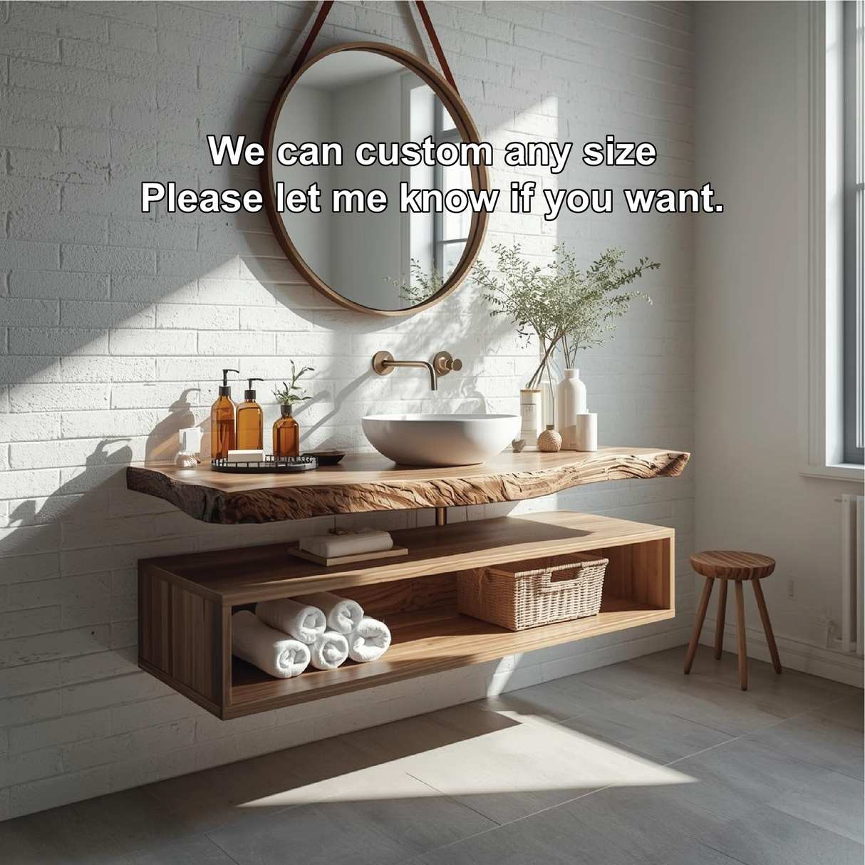 Handcrafted Solid Wood Floating Vanity with Natural Live Edge Top and Modern Minimalist Style