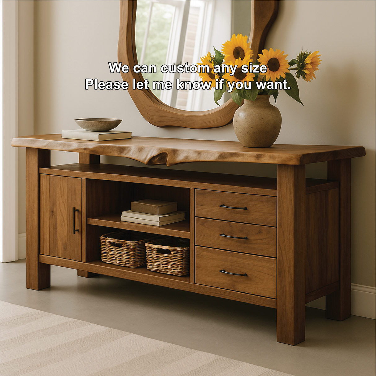 Handcrafted Solid Wood Console Table with Live Edge Top and Storage Drawers for Modern Interiors