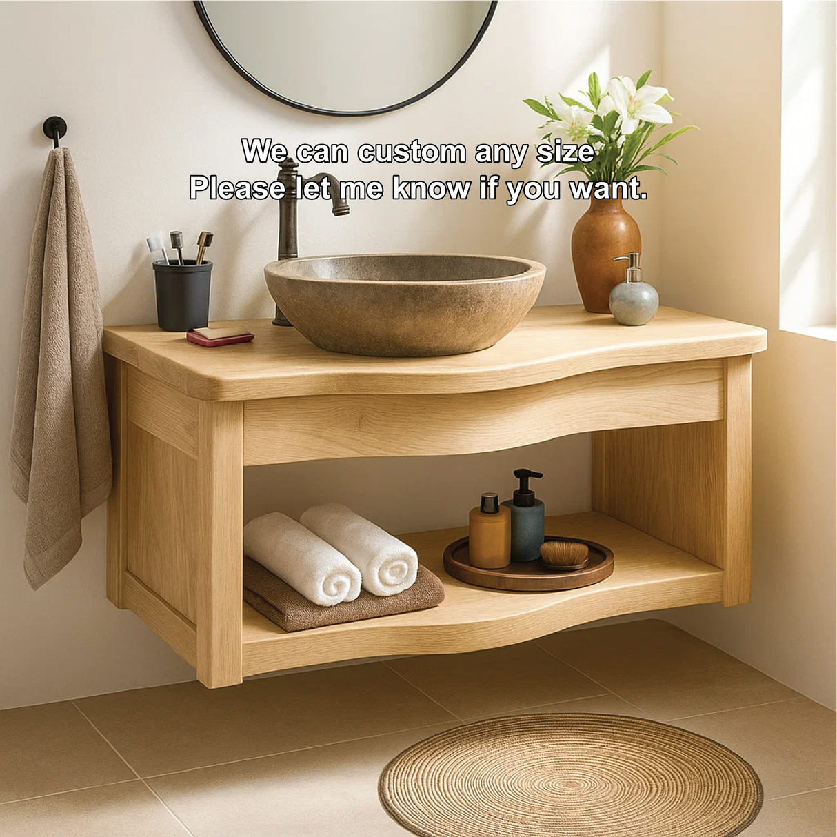 Handcrafted Solid Wood Floating Vanity with Curved Edge Design and Open Shelf Bathroom Storage