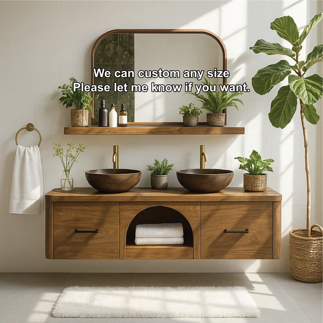 Handcrafted Solid Wood Double Floating Vanity – Arched Center Storage Design