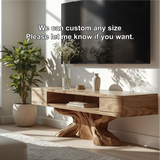 Handcrafted Solid Wood TV Stand with Artistic Sculpted Base and Natural Oak Grain Finish