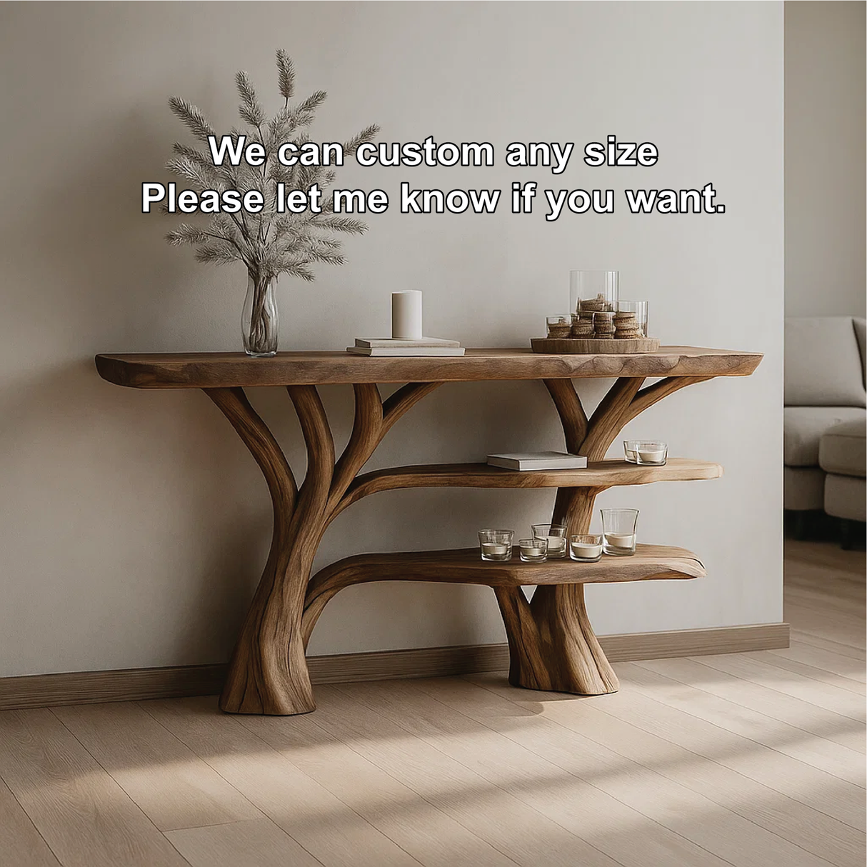 Handcrafted Solid Wood Tree Console Table with Multi-Tier Organic Design for Modern Interiors