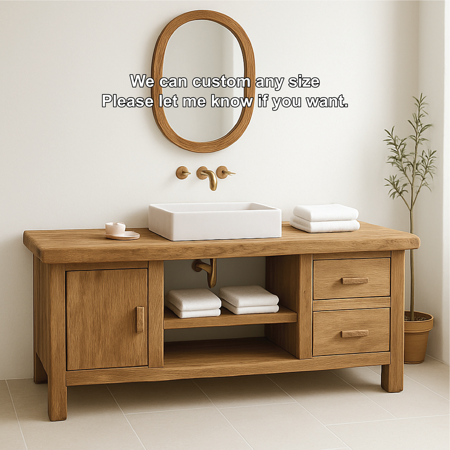 Handcrafted Solid Wood Bathroom Vanity with Drawers and Cabinet in Minimalist Natural Finish