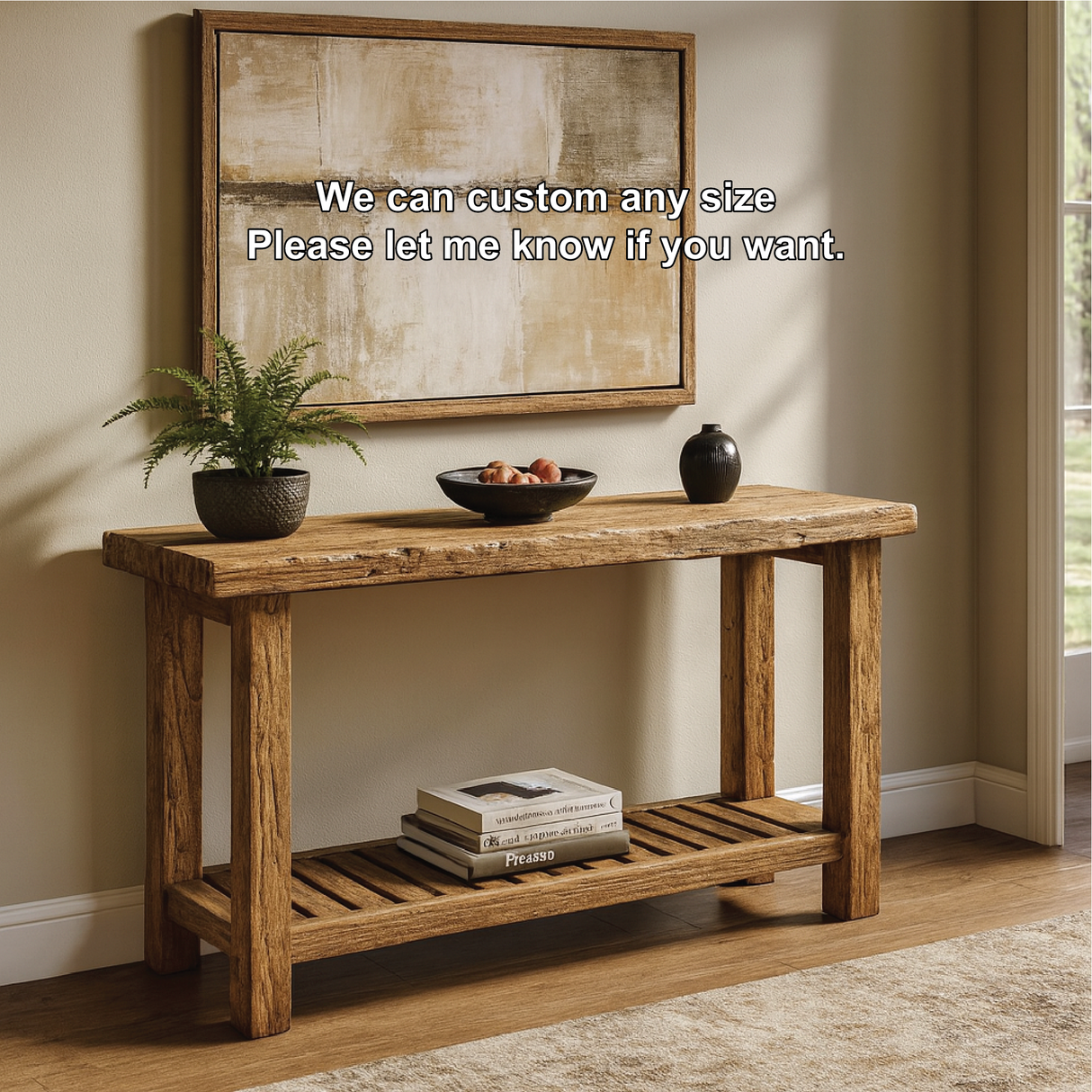 Handcrafted Solid Wood Console Table with Rustic Slatted Shelf for Entryway or Living Room
