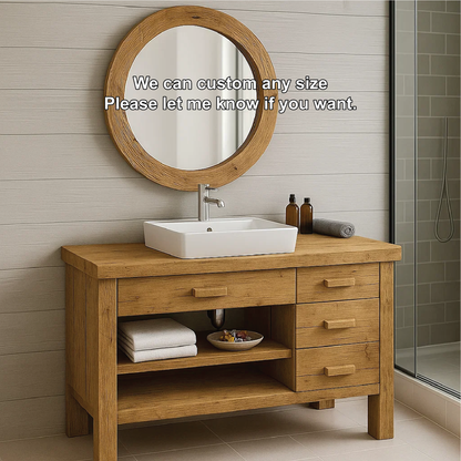 Handcrafted Solid Wood Bathroom Vanity with Drawers and Open Shelf in Natural Minimalist Style
