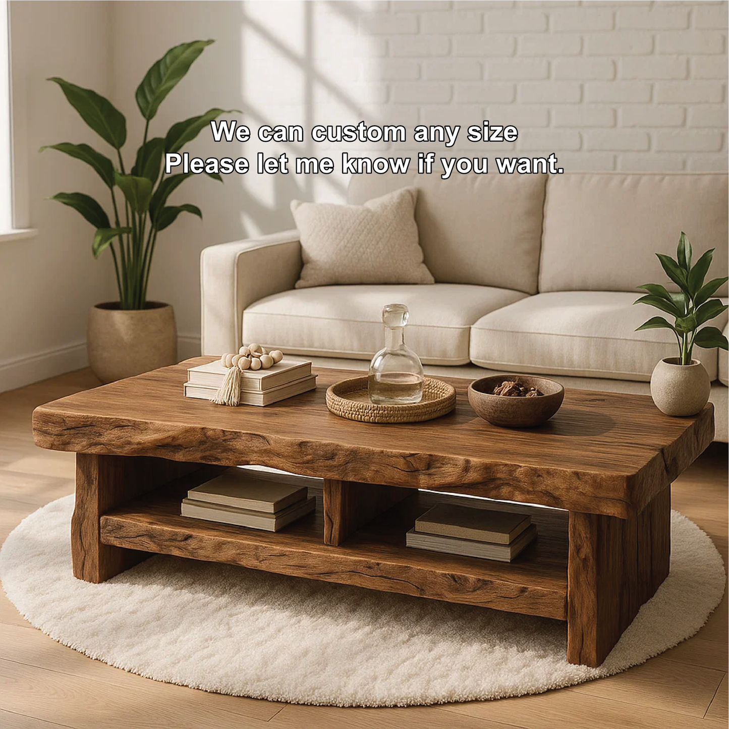 Handcrafted Solid Wood Coffee Table with Live Edge Design and Double Shelf for Storage