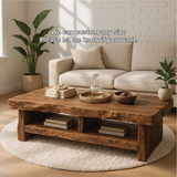 Handcrafted Solid Wood Coffee Table with Live Edge Design and Double Shelf for Storage