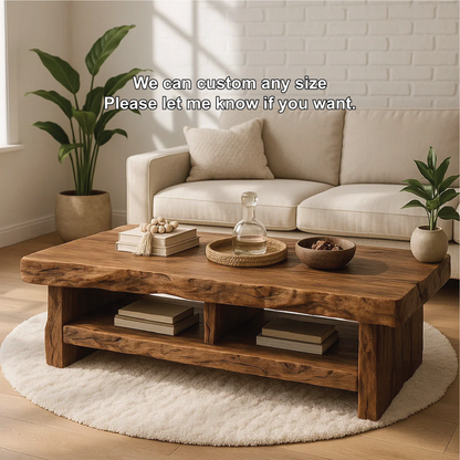Handcrafted Solid Wood Coffee Table with Live Edge Design and Double Shelf for Storage