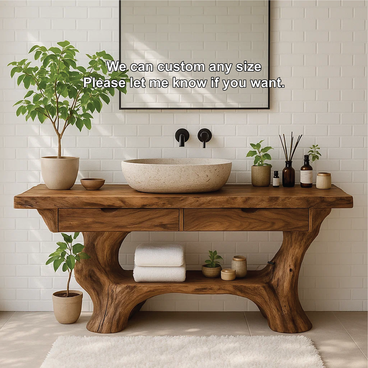 Handcrafted Solid Wood Vanity with Organic Curved Base and Natural Live Edge Design