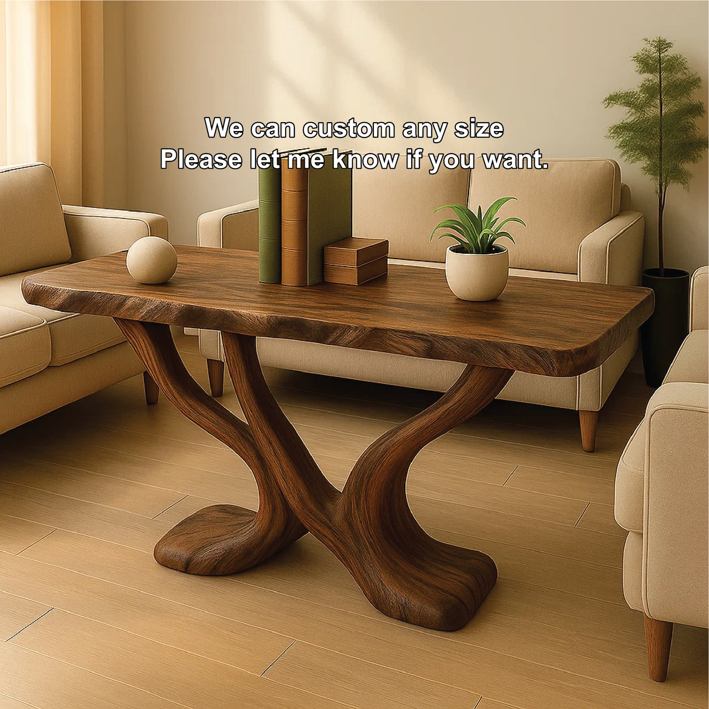 Handcrafted Solid Wood Console Table with Sculptural Y-Shaped Base for Modern Organic Interiors