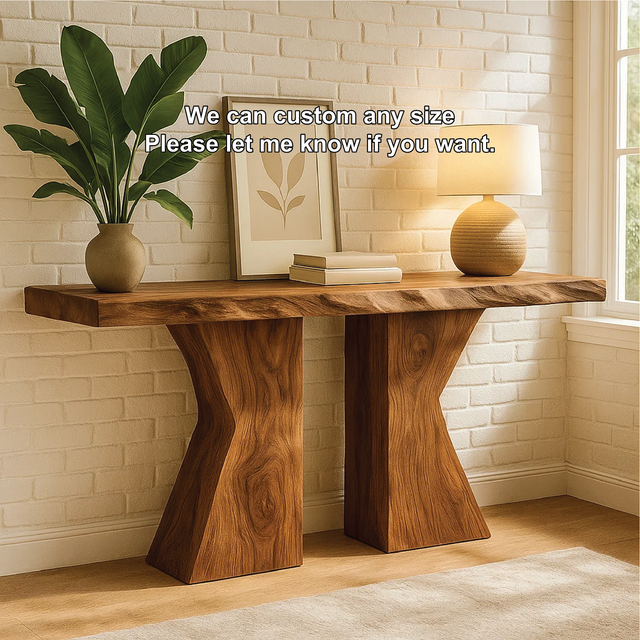 Handcrafted Solid Wood Console Table with Sculptural Base and Natural Live Edge Design