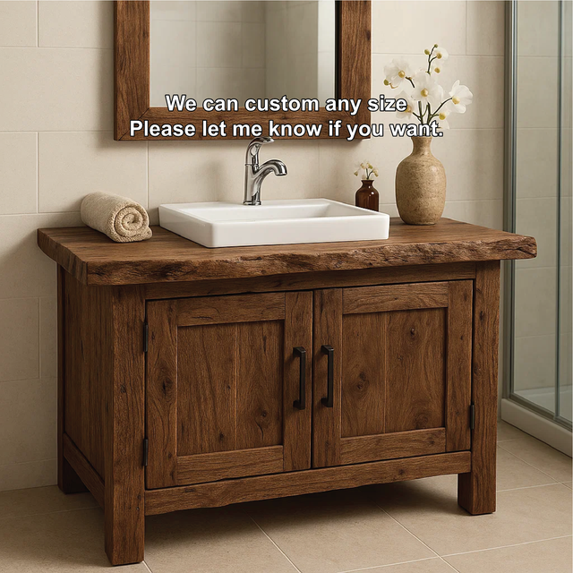 Rustic Handcrafted Solid Wood Bathroom Vanity with Natural Live Edge Top and Double Doors