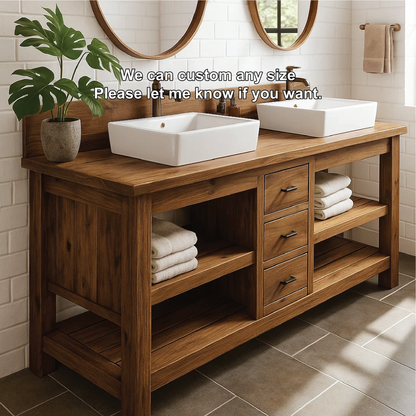 Handcrafted Double Bathroom Vanity in Solid Wood with Drawers and Open Shelves for Modern Spaces