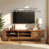 Handcrafted Solid Wood TV Stand with Artistic Carved Doors and Open Shelving for Modern Homes