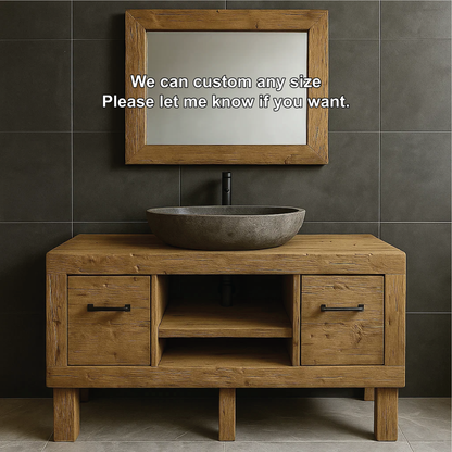 Modern Rustic Handcrafted Solid Wood Bathroom Vanity with Storage Drawers and Open Shelves