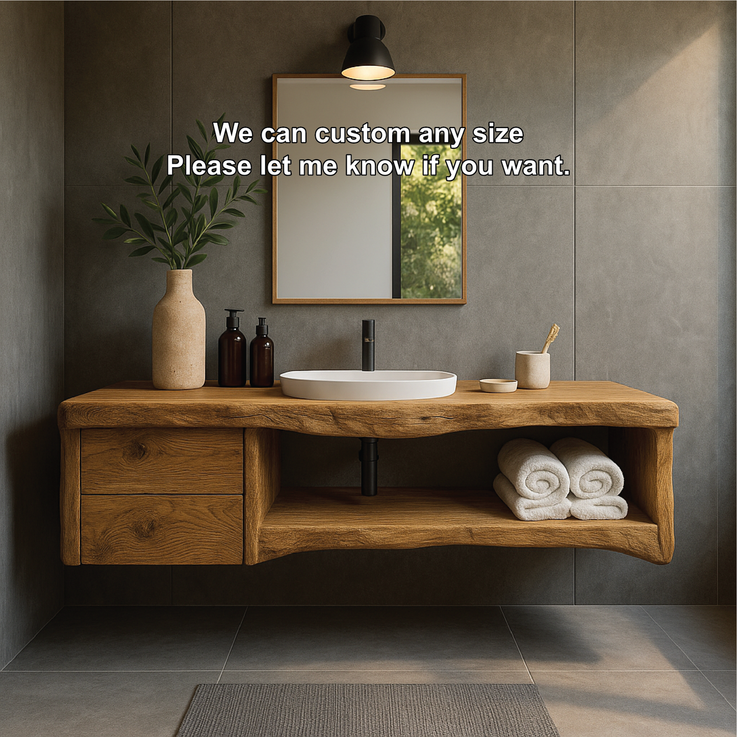 Handcrafted Solid Wood Floating Vanity with Natural Live Edge Design and Modern Minimalist Style