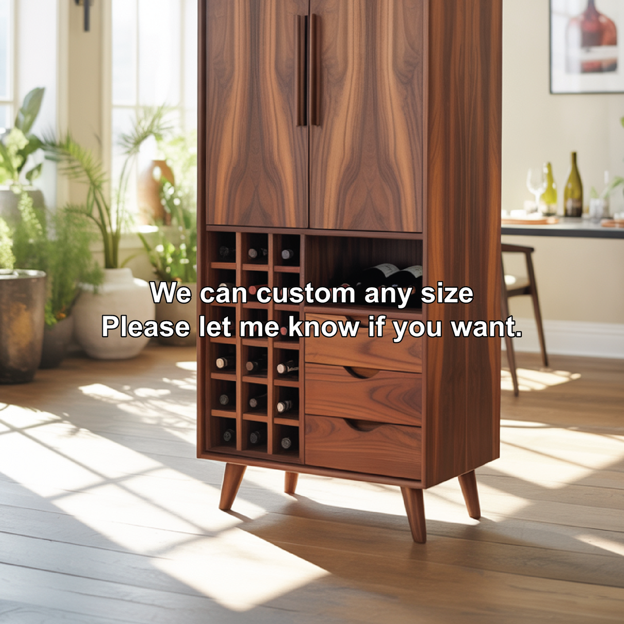 Handcrafted Solid Wood Dining Cabinet with Wine Storage Grid, Drawers and Tall Double Doors
