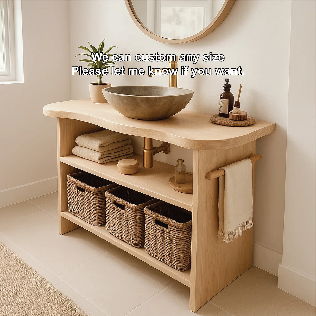 Handcrafted Solid Wood Bathroom Vanity with Curved Edge Design and Open Shelves for Modern Spaces