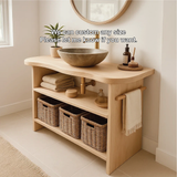Handcrafted Solid Wood Bathroom Vanity with Curved Edge Design and Open Shelves for Modern Spaces