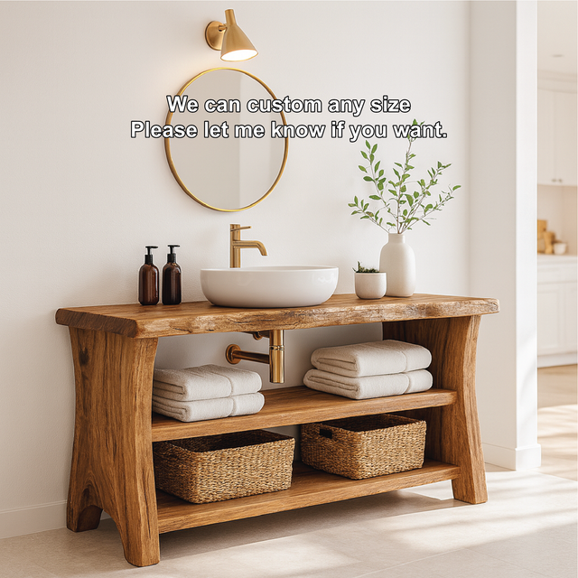 Handcrafted Solid Wood Bathroom Vanity with Live Edge Design and Open Shelf Bathroom Storage