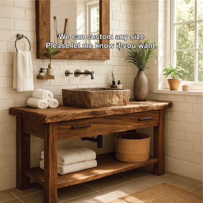 Handcrafted Solid Wood Bathroom Vanity with Rustic Live Edge Design and Modern Farmhouse Charm